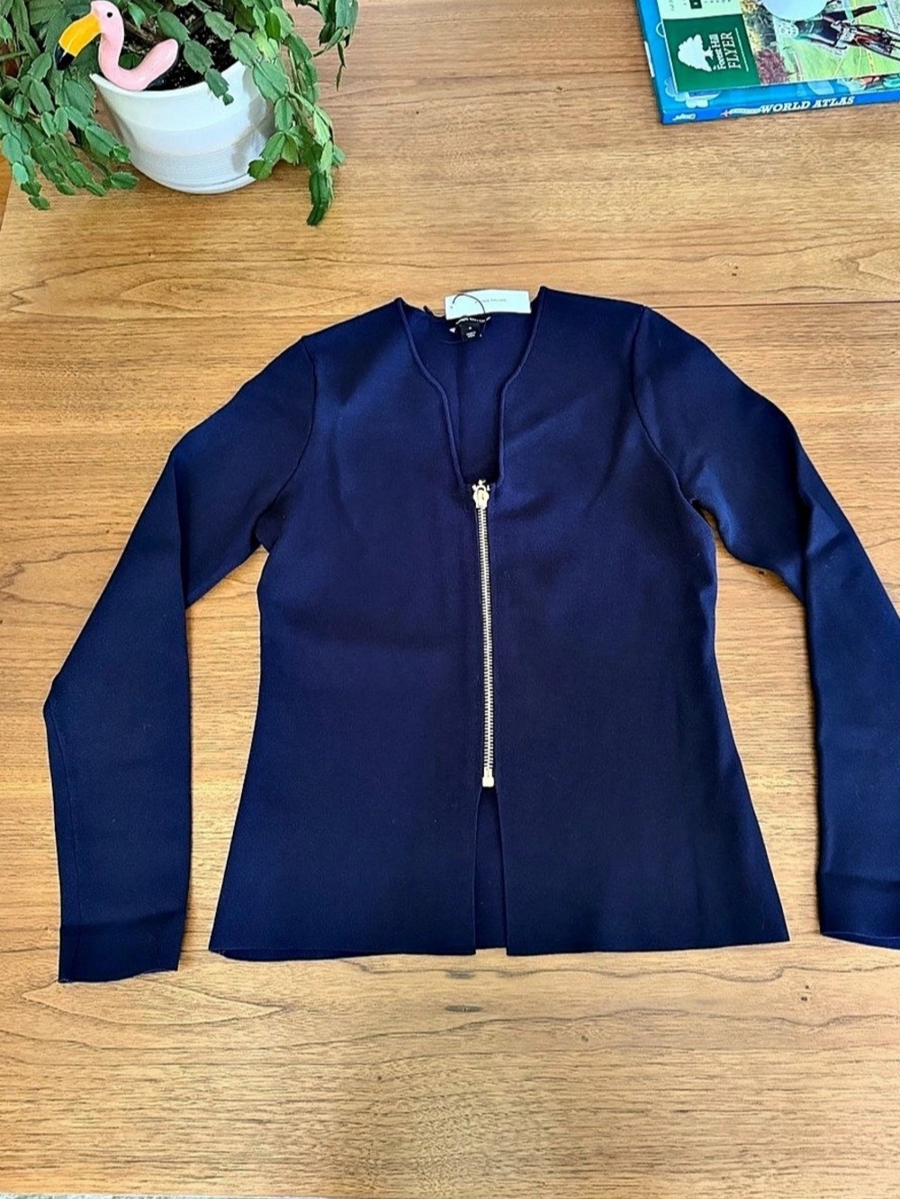 Karen Millen Zip Front Long Sleeve Top in Navy Size Medium NWT